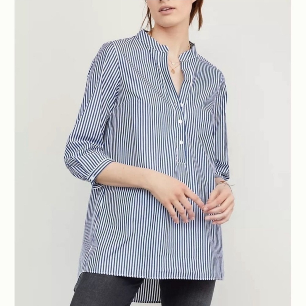 Harshman Derrington Cotton Tunic Top Poplin Size Small Blue White Striped